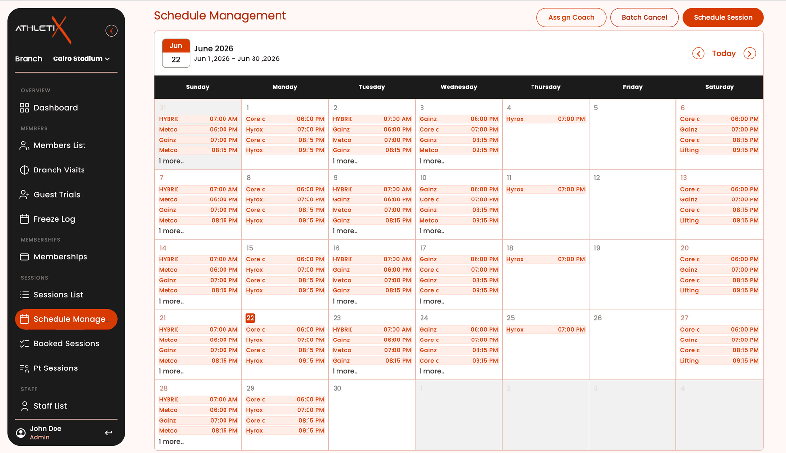 Athletix admin web app — Schedule Management for the Cairo Stadium branch, a month grid of Hybrid, Metcon, Gainz, Hyrox and Lifting sessions with times, beside a sidebar covering members, branch visits, guest trials, freeze log, memberships, sessions and staff